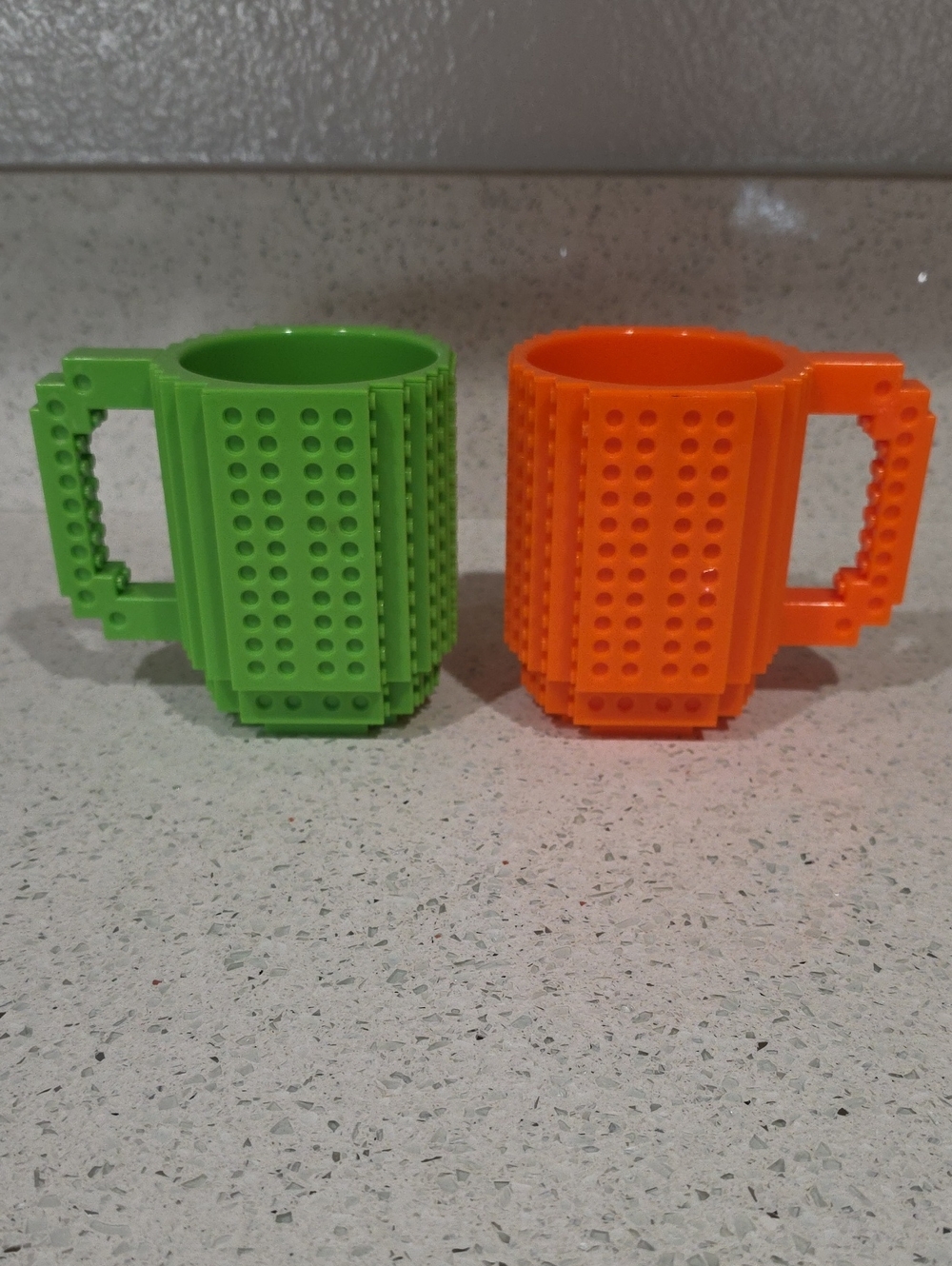 2 Build On Brick Mugs, Green & Orange Set, LEGO, 12 Ounce Capacity, Minifigs